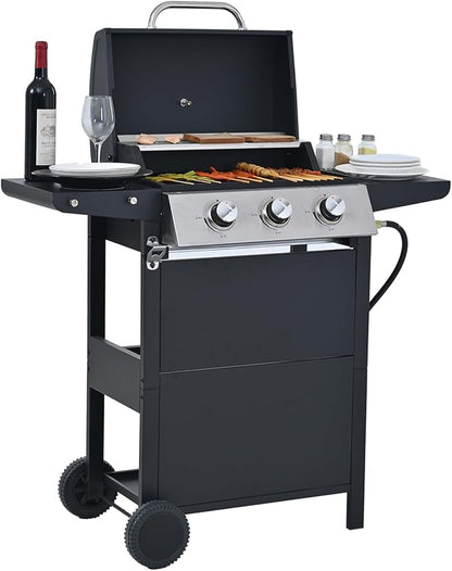 Endark 26,000 BTU 3-Burner Propane Grill with stainless steel design, enamel grates, built-in thermometer, and movable side rack. Ideal for all outdoor cooking