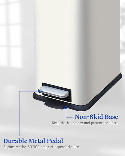 Kitchen Rubbish Bin, 30 L, Narrow Pedal Bin with Lid, Stainless Steel Kitchen Rubbish Bin with Inner Bucket, Rectangular Waste Bin for Kitchen, Bathroom, Bedroom, Office, White