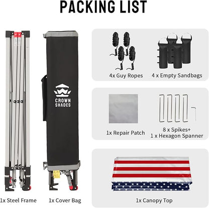 CROWN SHADES 10x10 Pop Up Canopy - Beach Tent with One Push Setup - Easy Outdoor Sun Shade for Events, Parties, Camping - Gazebo with STO-N-Go Cover Bag, Silver Coated Top, American Flag