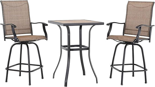 PHI VILLA 3 PCS Patio Swivel Bar Set Outdoor Furniture Bar Height Bistro Set, 2 Bar Stools and 1 Table, High Top Table and Chairs Set of 2 for Garden Porch Backyard