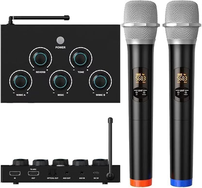 Wireless Microphone System, Dual UHF Portable Karaoke Microphone, HDMI & AUX in/Out, Optical Out, Stable Signal, 100ft Range – Wireless Mic for Singing, Karaoke, Church, Smart TV, PC, PA Speaker