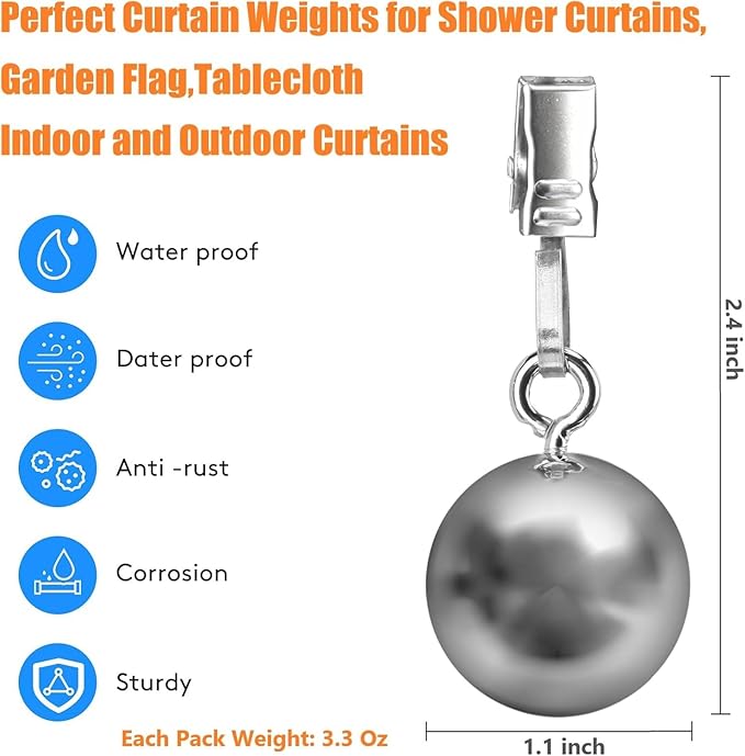 8 Pack Shower Curtain Weights, Prevent Curtain Liner from Blowing Around, Stainless Steel Shower Liner Weights Clip Down Curtain, Garden Flags Tablecloth