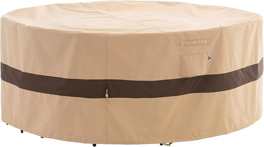 WJ-X3 Round Patio Furniture Cover, 96" D x 31" H, Waterproof, UV Resistant, Anti-Fading Outdoor Cover for Round Dining Table and Chairs Set, Beige & Coffee