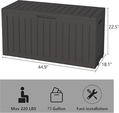 Outdoor Storage Box, Resin Deck Boxes Indoor and outdoor, Waterproof Storage Box Lockable Lid (Black, 73 Gallon)