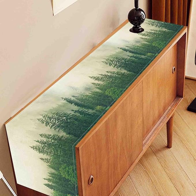 Forest Table Runner, Rustic Farmhouse Misty Pine Tree Woodland Jungle Mountain Country Coffee Table Center Decor for Kitchen Dining Patio Holiday Party Indoor Outdoor Table Decorations, 13"x36" Inch