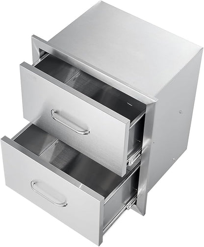 VEVOR Outdoor Kitchen Drawers, 17.8W x 20.2H x 12.2D Inch, Flush Mount Double BBQ Drawer, Stainless Steel BBQ Island with Handle, for Outdoor Kitchens or Patio Grill Station