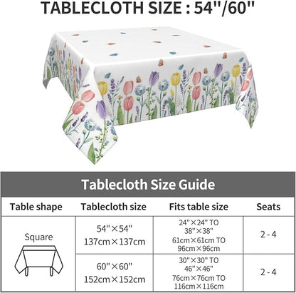 Spring Floral Tablecloth 54 x 54 Inch Square, Tulip Lavender Flower Decorative Tablecloths Stain Resistance Polyester Beautiful Flower Table Cloth for Holiday Parties Kitchen Dining Indoor Outdoor