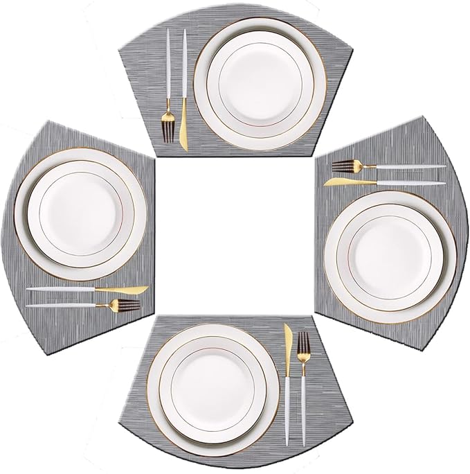 PIGCHCY Wedge Shaped Placemats for Dining Table Cross-Weave Washable Vinyl Placemat Heat Resistant Round Table Mats Set of 4 (Silver Grey)