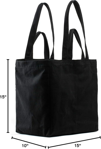 VeraMia Canvas Grocery Bag 3pc XL Set with Real Pockets, Long Shoulder Strap and Short Handle. Heavy Duty, Foldable, Washable