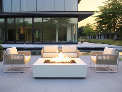 EXPLUX Outdoor Propane Gas Fire Pit Table 65,000 BTU 52-inch Concrete(GFRC) Rectangle Fire Pit for Outside Patio with 304 Stainless Steel Burner,Wind Guard,Crystal Blue Fire Glass,Rain Cover,White