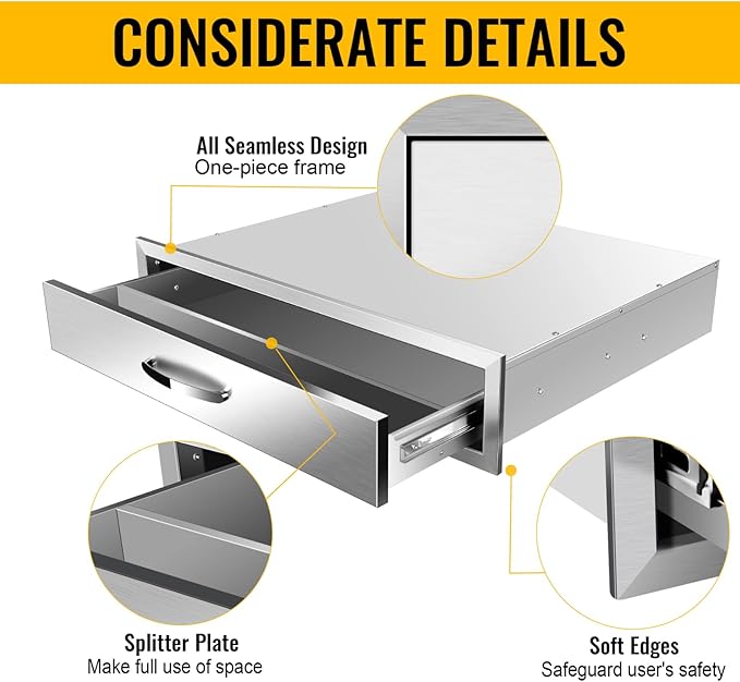 Outdoor Kitchen Drawers, Flush Mount Triple Access BBQ Drawers With Stainless Steel Handle, BBQ Island For BBQ Island Patio Grill Station,Single Drawer