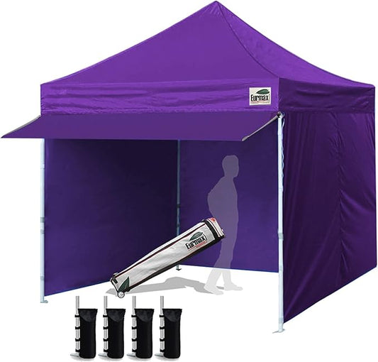 Eurmax USA 10 x 10 Pop up Canopy Commercial Tent Outdoor Party Canopies with 4 Removable Zippered Sidewalls and Roller Bag Bonus 4 Canopy Sand Bags & 24 Squre Ft Extended Awning (Purple)