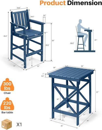 3-Piece Adirondack Chairs and Table Set, HDPE Outdoor Bar Sets, All Weather Outdoor Bar Stools Set, HDPE Adirondack Bar Height Chairs and Bar Table for Balcony, Bistro, Poolside, Navy
