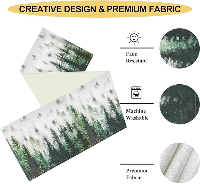 Green Forest Table Runner, Rustic Farmhouse Green Pine Tree Woodland Seasonal Mountain Country Coffee Table Center Decor for Home Kitchen Dining Patio Holiday Party Table Decorations, 13"x108" Inch