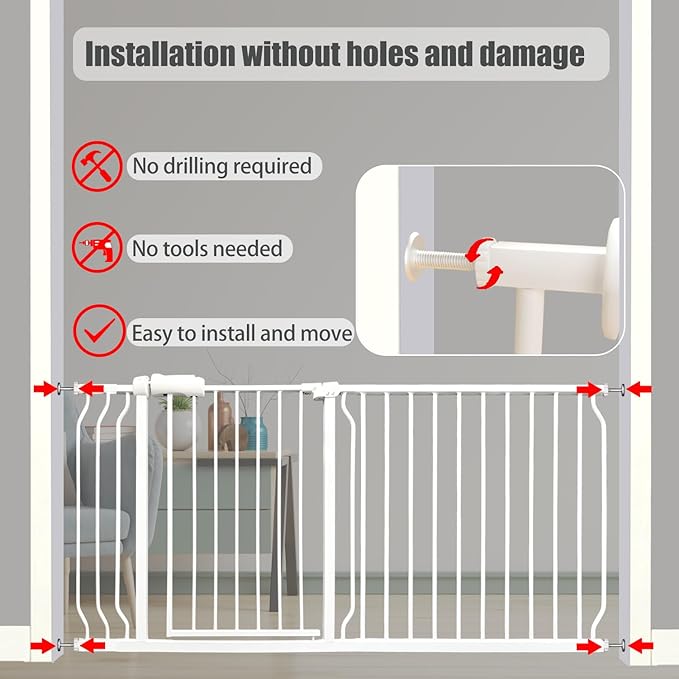 Auto Close Baby & Dog Gate 34-38.5 Inch, Tension Safety Gate Indoor, White Metal, Walk-Through Child Gate for Kids & Pets