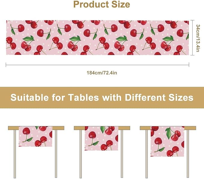 Red Cherry Table Runner, Tropical Fruit Polka Dot Print Table Runner for Birthday Party Dining Room Home Kitchen 13x120in