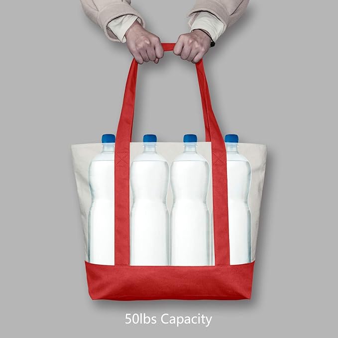 TOPDesign 6-Pack Canvas Tote Bags with an External Pocket, Reusable Grocery Shopping Bags, Top Zipper Closure, Daily Essentials (Red/Natural)