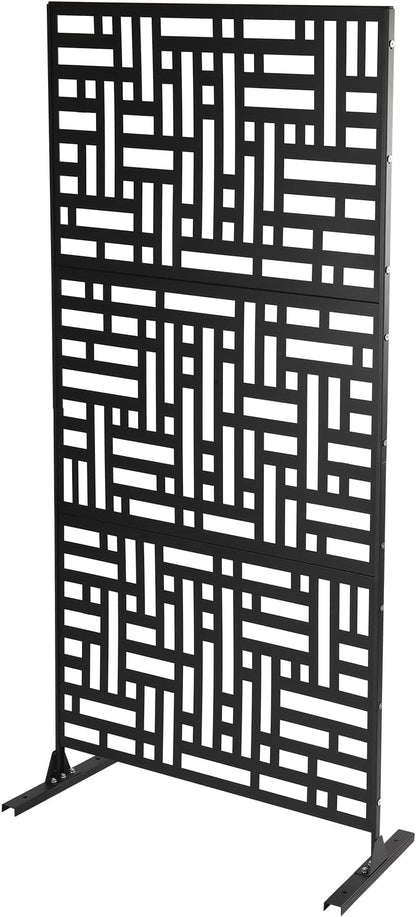 Outdoor Metal Privacy Screen with Stand, 35.4" W x 75" H Freestanding Metal Slatted Decorative Privacy Screen and Panels for Patio Garden Balcony Porch (Black A)