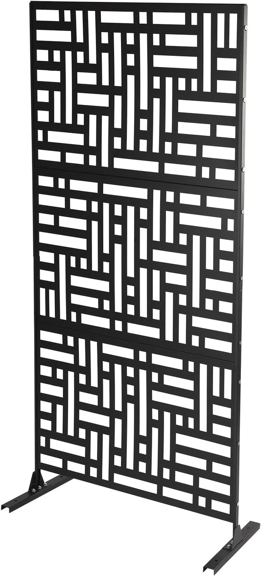 Outdoor Metal Privacy Screen with Stand, 35.4" W x 75" H Freestanding Metal Slatted Decorative Privacy Screen and Panels for Patio Garden Balcony Porch (Black A)