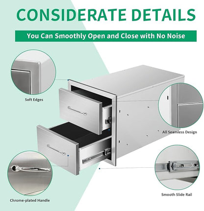 Outdoor Kitchen Drawers 14" W x 15" H x 23" D Stainless Steel Double Drawers with Ergonomic Handle for BBQ Island, Patio Grill Station & Outdoor Kitchen Cabinets