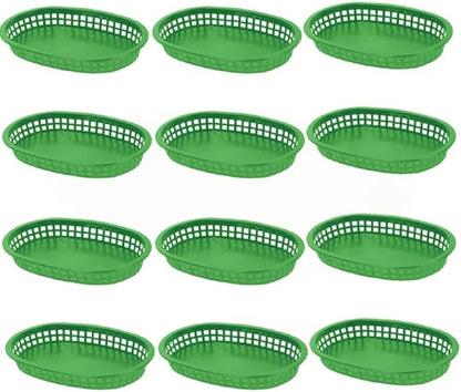 TrueCraftware- 10-3/4" Oblong Fast Food Basket Green Plastic Set of 12- Fry Fast Food Reusable Foodservice Restaurant Diner Tray Plates Restaurant Deli Serving Chicken Burgers Sandwiches & Fries