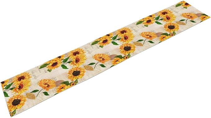 Sunflower Table Runner, Rustic Old Paper Seasonal Table Runner Farmhouse Kitchen Home Party Dining Room 13x70in