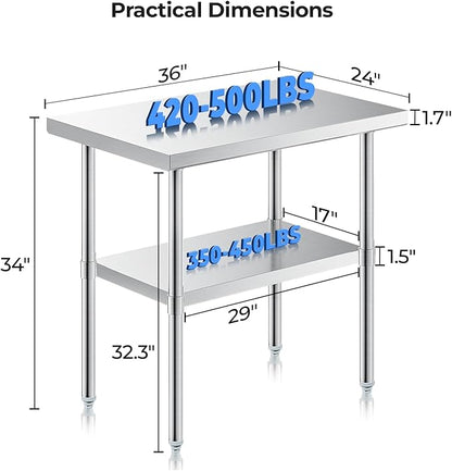 NUUK Heavy Duty Commercial Worktable 24" x 36" Restaurant Kitchen Food Prep Work Table Adjustable Height Stainless Steel Grill Workstation for Home and Hotel