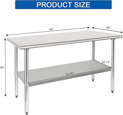 HARDURA Stainless Steel Table 30X60 Inches with Undershelf and Galvanized Legs NSF Heavy Duty Commercial Prep Work Table for Restaurant Kitchen Home and Hotel