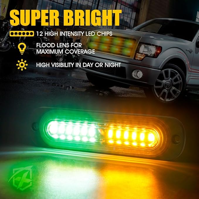 Xprite Amber Green LED Surface Mount Strobe Lights Kit, w/Control Panel Emergency Safety Warning Flashing Grille Cop Marker Light Assembly for Vehicles Trucks ATV UTV Motorcycle 8PCS