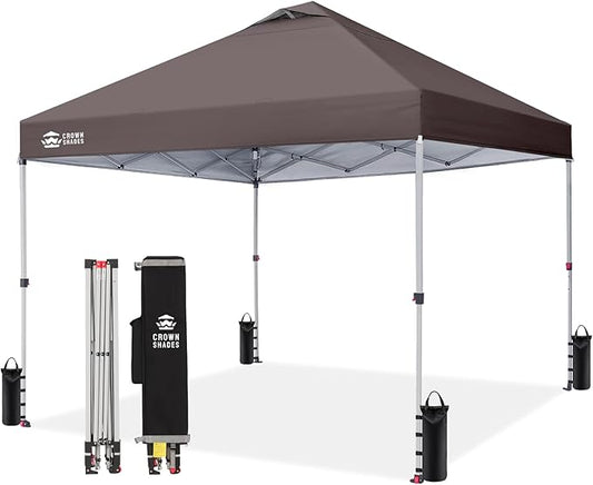 CROWN SHADES 10x10 Pop Up Canopy - Beach Tent with One Push Setup - Outdoor Sun Shade for Events, Parties, Camping - Gazebo with STO-N-Go Cover Bag, Silver Coated Top, 3 Height& 4 Sand Bags, Coffee