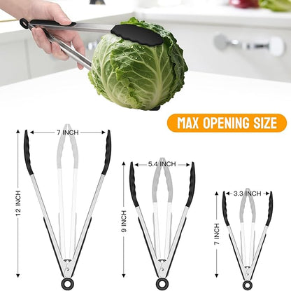 HOTEC Premium Stainless Steel Locking Kitchen Tongs with Silicon Tips, Heat Resistant Cooking Tongs Set of 3-7", 9" and 12" (Black)