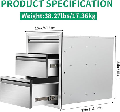 Outdoor Kitchen Drawers 16" W x 21" H x 23" D Stainless Steel Triple Drawers with Hidden Handle for BBQ Island, Patio Grill Station & Outdoor Kitchen Cabinets
