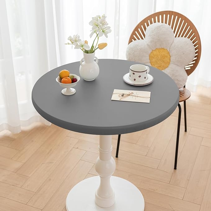 Round Fitted PU Tablecloth with High Elastic Edge 55 Inch Dia Waterproof Oil Proof Table Cloth Anti-Scald Stain-Resistant Wipeable Table Cover for Indoor Outdoor Picnic (Light Grey,55" Dia)