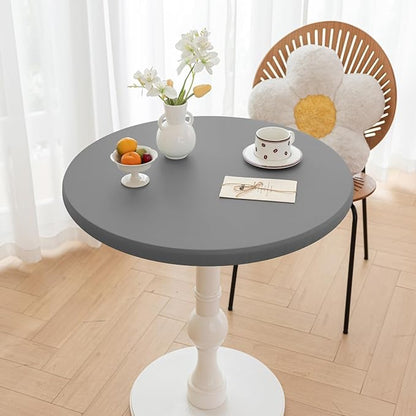 Round Fitted PU Tablecloth with High Elastic Edge 35 Inch Dia Waterproof Oil Proof Table Cloth Anti-Scald Stain-Resistant Wipeable Table Cover for Indoor Outdoor Picnic (Light Grey,35" Dia)