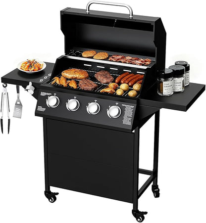 4-Burner Propane Gas BBQ Grill, 40,000 BTU Output Stainless Steel Barbecue Grill with Side Tables & Wheels for Backyard,Camping and Outdoor Cooking (Black)