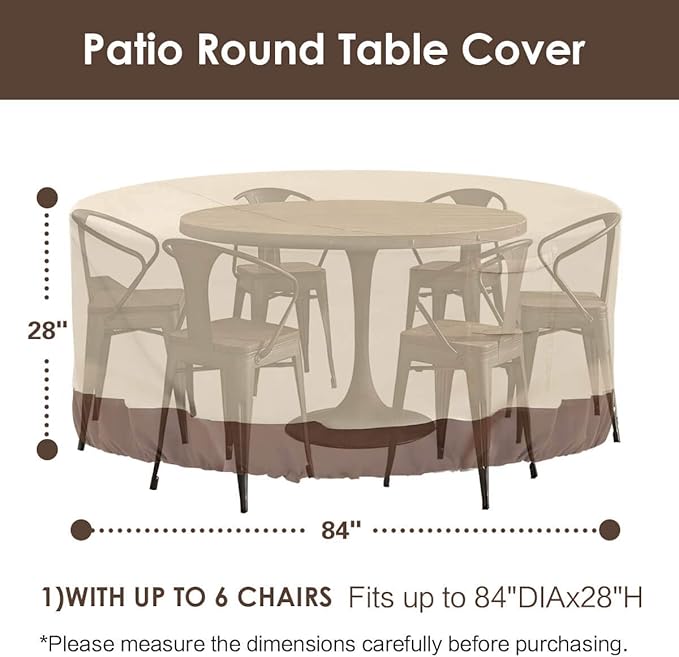 Vailge Round Patio Furniture Covers, 100% Waterproof Outdoor Table Chair Set Covers, Anti-Fading Cover for Outdoor Furniture Set, UV Resistant (Beige&brown, 84"DIAx28"H)