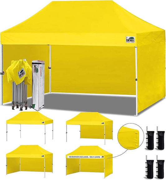 Eurmax USA 10'x15' Pop-up Canopy Tent Commercial Instant Canopies with 4 Removable Zipper End Side Walls and Roller Bag, Bonus 4 SandBags(Yellow)