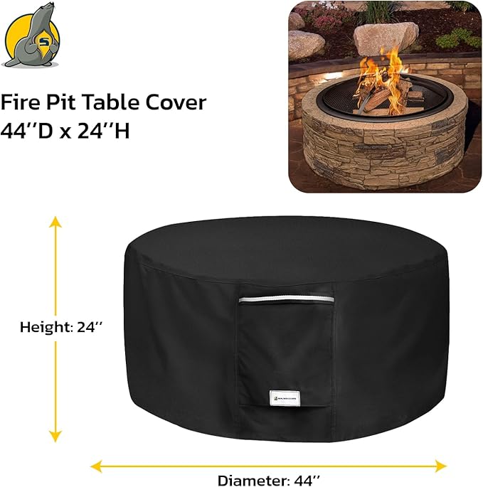 Seal Skin Covers Outdoor Fire Pit Cover – Round 44” Dia X 24”H, Heavy Duty Waterproof Fabric with PVC Coating, Windproof, Tear & Weather Resistant Fire Table Cover for Patio, Black