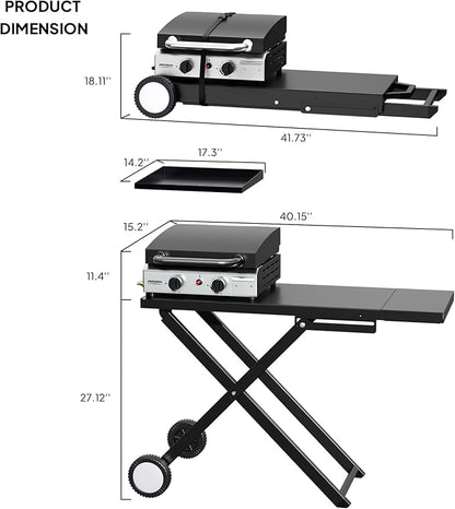 ROVSUN 2 Burner Foldable Propane Griddle with Wheels, Enameled Tray & Lid, 20000 BTU Portable Rolling Flat Top Gas Grill with Electronic Ignition & Regulator for Outdoor Cooking Camping BBQ Tailgating
