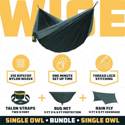 Wise Owl Outfitters Camping Hammock – 500lbs Portable Hammock with Tree Straps - Travel, Backpacking, Hiking, Outdoors Camping Gear - Single or Double