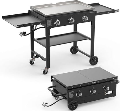 3 Burner Foldable Gas Griddle, 32 Inch Stainless Steel Portable Detachable Propane Griddle, 45,000 BTU Flat Top Barbecue Grill with Side Shelves for Camping