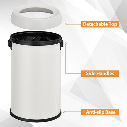 GarveeHome 17 gal/65 L Open Top Trash Can, Stainless Steel Rubbish Bin, Commercial Grade Waste Container, Round Garbage Can for Outdoor, Home Office, Restaurant, White