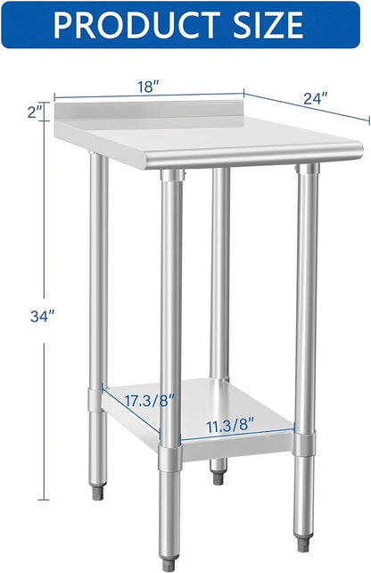 HARDURA Stainless Steel Commercial Work Table Prep Work Metal Table 24×18 Inches with Undershelf and 2" Backsplash Heavy Duty NSF 430 for Kitchen Food Prep