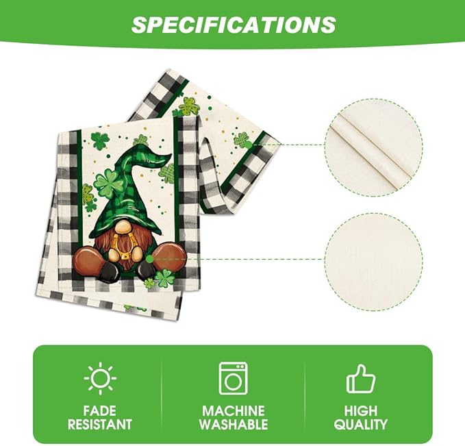 Artoid Mode Buffalo Plaid Shamrock Gnome St. Patrick's Day Table Runner, Seasonal Spring Holiday Kitchen Dining Table Decoration for Indoor Outdoor Home Party Decor 13 x 36 Inch