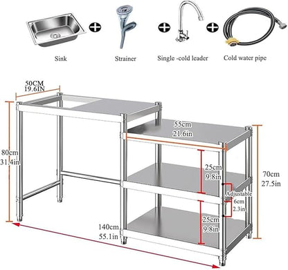 Free Standing Utility Sink, Stainless Steel Kitchen Baker Rack Shelf, Single Bowl Washing Hand Basin Station with Workbench, Fish Cleaning Table &Storage Shelves for Laundry Room, Garage,Outdoor