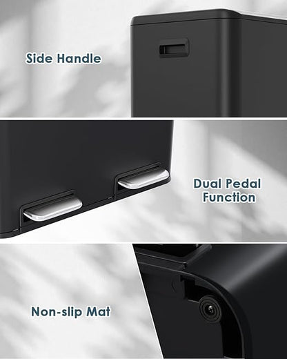 Arlopu 16Gal Dual Trash Can w/2 Built-in Box for Odor Control, Hands-Free Kitchen Garbage Bin, Recycle Waste Dustbin, Soft-Close Lid, 2 Buckets,Foot Pedal, Side Handle, Airtight,for Home (Black)