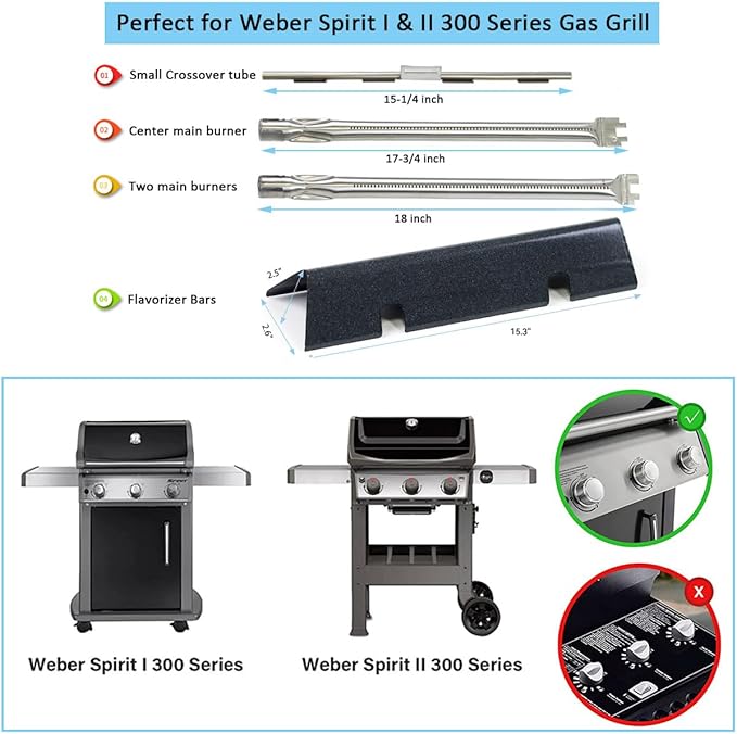 Spirit e310 Replacement Parts for Weber Spirit II E-310 E-320 E-330 S-310 S-320 S330 with Front Control, 7636 Flavorizer Bars & 69787 Grill Burner for Weber Spirit 2 Grill with GS4, Spirit II 300