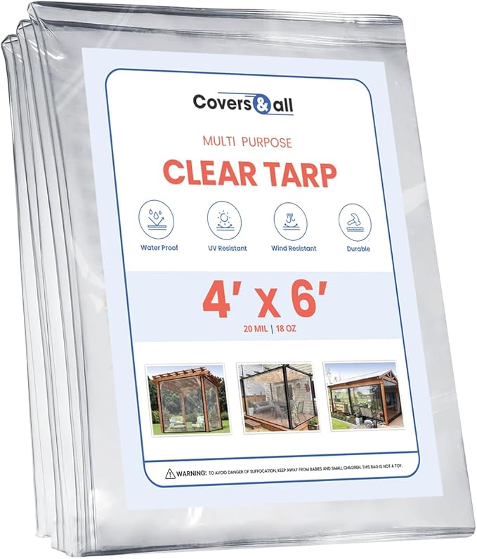 Covers & all Clear Tarp Heavy Duty Waterproof, 20mil Clear Tarp with Grommets, Outdoor Tarp for Patio Covers, Porch Screens, Greenhouses, Chicken Coop (4' H x 6' W Feet), Indoor or Outdoor Use