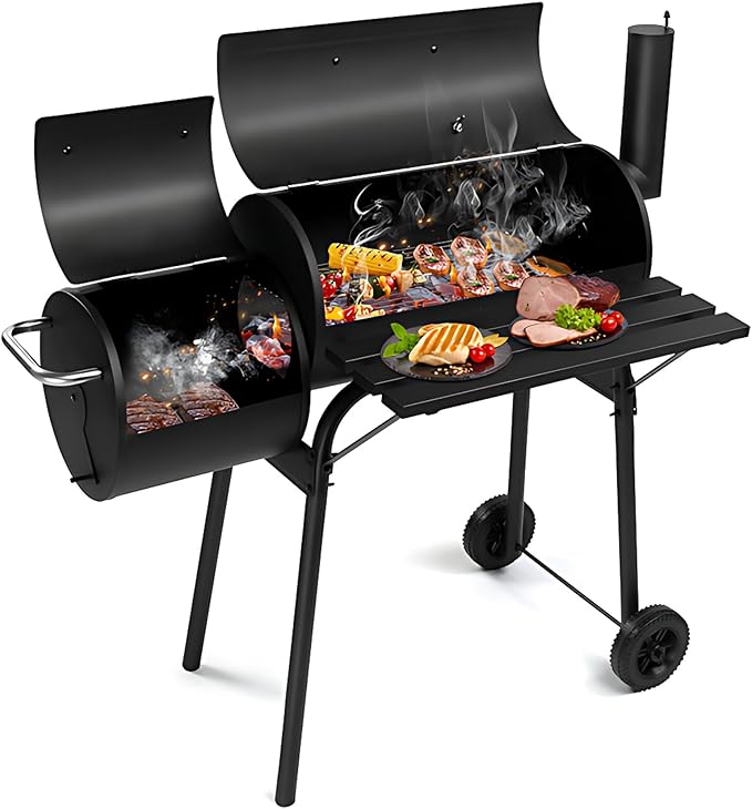 Heavy Duty Barrel Charcoal Grill with Offset Smoker, All Metal Outdoor BBQ Smoker with Front Work Table and Wheels, Portable Barbecue Grill for Backyard Garden Patio Camping Cooking, 43.7" Wide