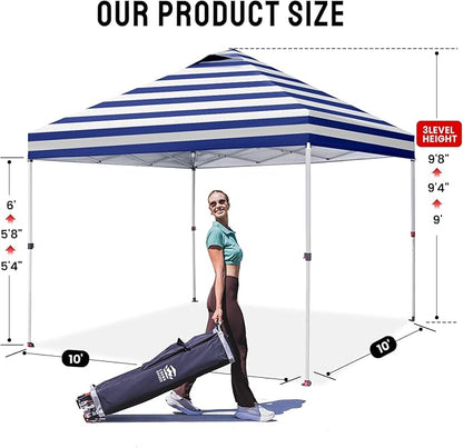 CROWN SHADES 10x10 Pop Up Canopy - Beach Tent with One Push Setup - Outdoor Sun Shade for Events, Parties, Camping - STO-N-Go Cover Bag, Silver Coated Top, 3 Height& 4 Sand Bags, Navy Blue Stripes